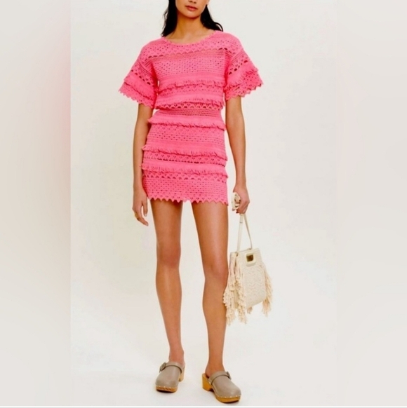 Maje Dresses & Skirts - Maje Rosy Pink Crochet Fringe Short Sleeve Mini Dress NWT